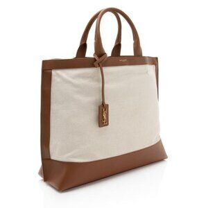 Saint Laurent Calfskin Linen Two Tone Cabas Tote Beige with YSL tag